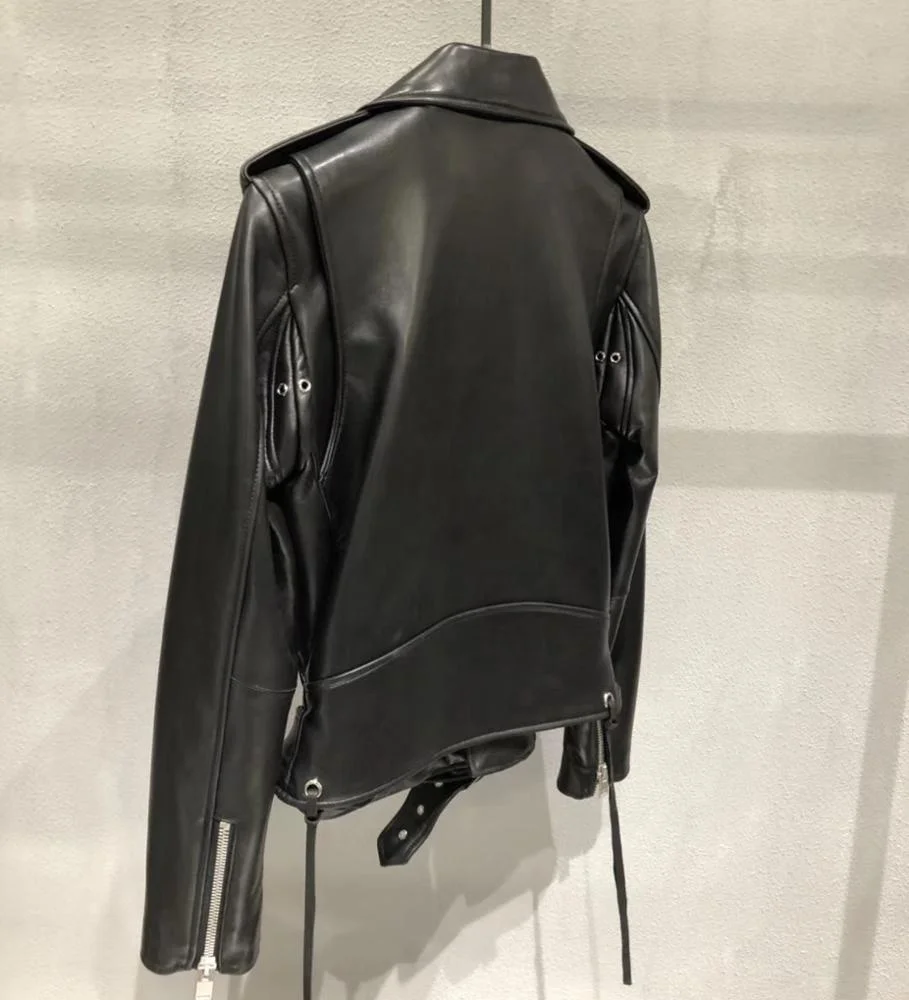 Spring Autumn Womens Nappa Leather Coats Real Leather Jacket with Tassels Zipper Closure Motorcycle Bike Women Short Standard