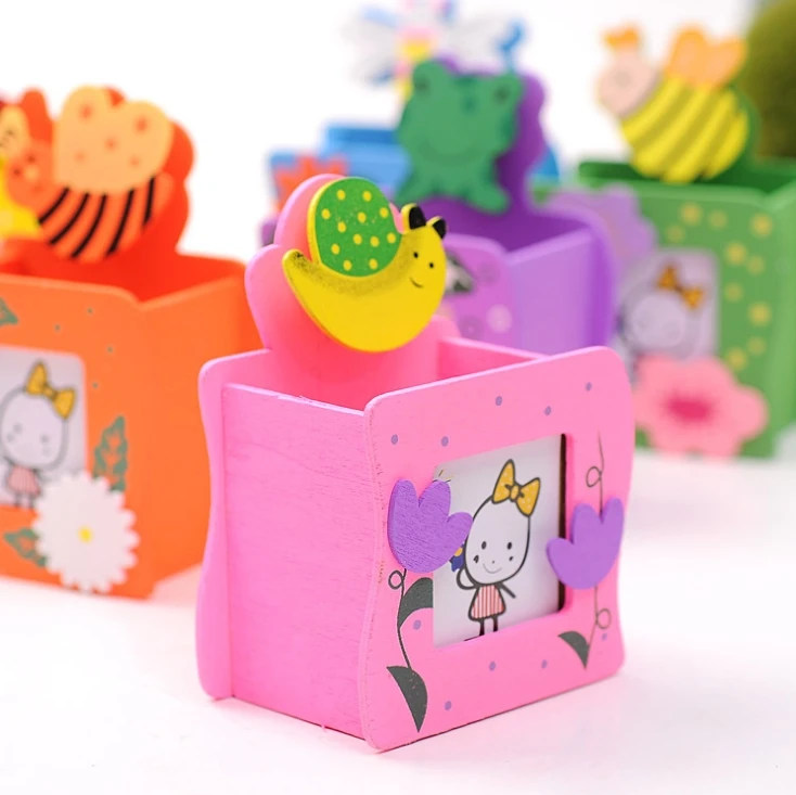 Creative stationery photo folder animal photo frame pen holder wooden cartoon pen holder