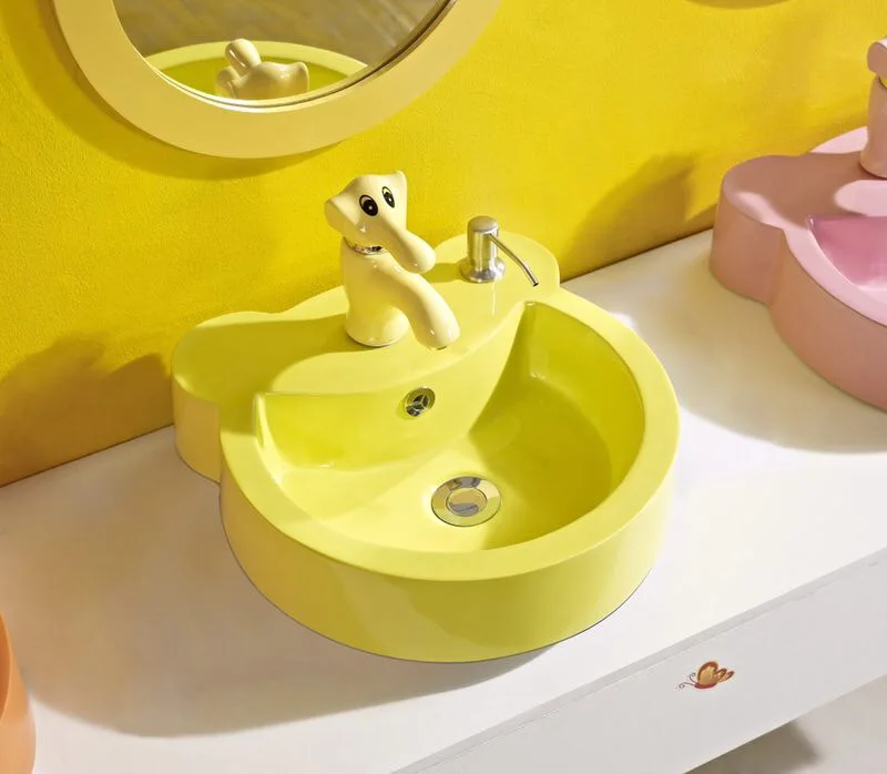 specially designed bright color child size bathroom artificial stone basin with mirror