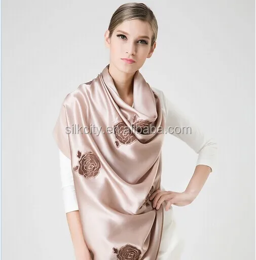 High Quality Rose Floral Solid Color 100% Pure Silk Satin Scarf For Women