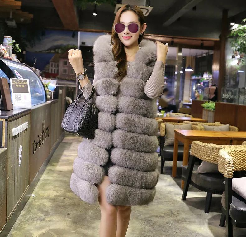 Fashion Ladies Long Sleeveless Fox Fur Vest Waistcoats Women Faux Fur Hooded Vests Wholesale