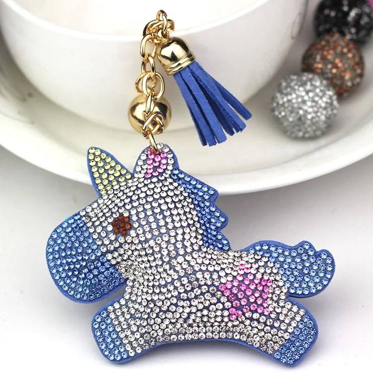 Novelty Cute Bling Shiny Unicorn Shaped  with diamond  covered Leather PU Keyring  Key Ring key chain Keychain