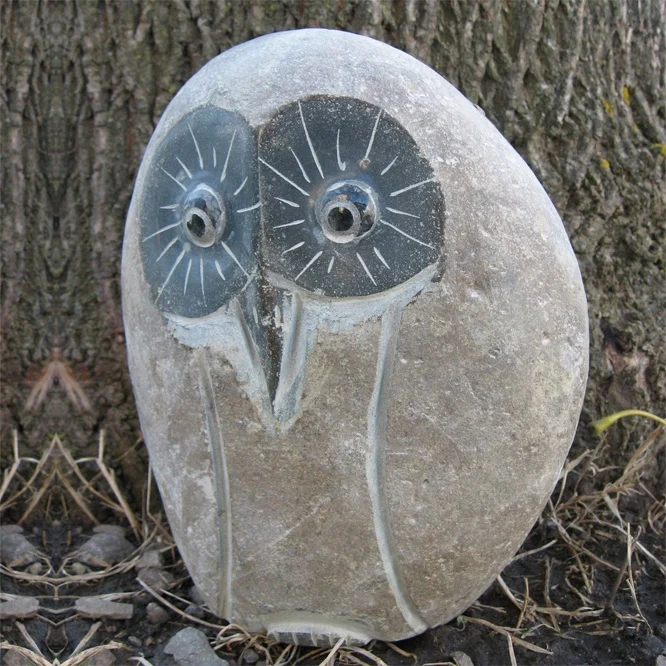 Small Stone River Rock Statue Owls Granite Sculpture