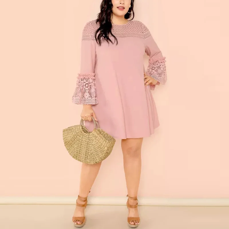 Oversized Guipure Lace Frill Trim Dress Flounce Sleeves Club Wear Shift Mini Dress for Fat Female