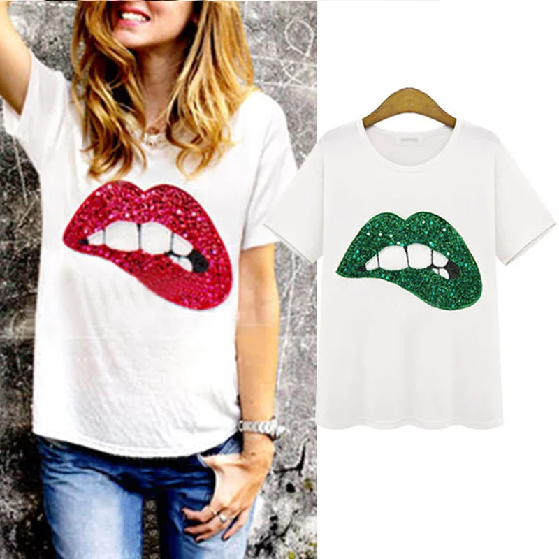 New Fashion Summer Women T Shirt Hot O Neck Short Sleeve Mouth Sequin Style S Plus Size New Fashion Summer Women T Shirt Hot O Neck Short Sleeve Mouth Sequin Style S Plus Size