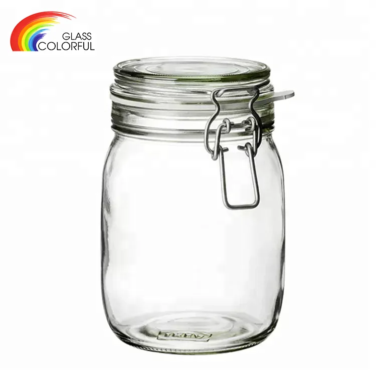 Wholesale glass jar with metal clip lock kitchen storage food container