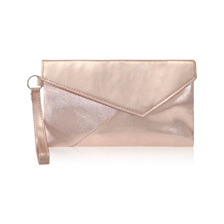 Fashion Modern Ladies Evening Party Rose Gold PU Leather Clutch Bag for Women Teamtai Bags Keyring + Hand Strap Fold Over CN;ZHE
