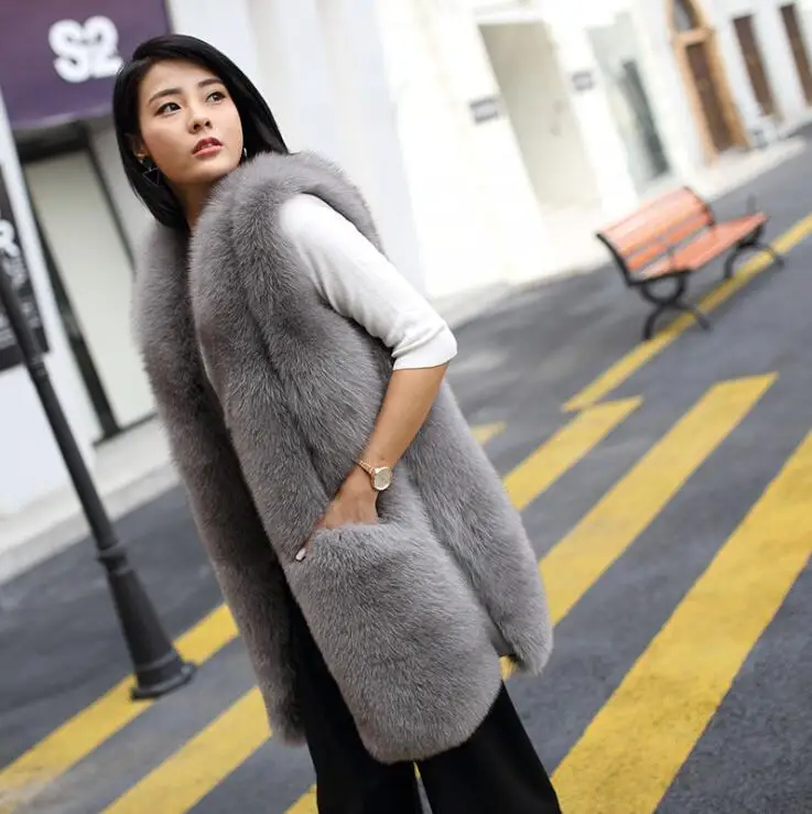 STABILE New Fashion Long Style Vest Warm Women Fox Coat High-Grade Faux Fur Vest