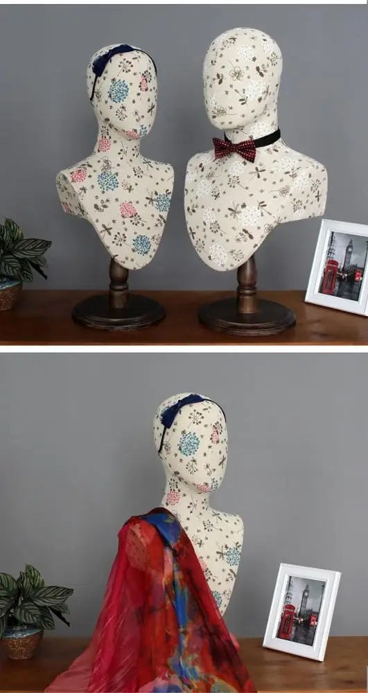 Canvas linen fabric cover vintage abstract mannequin head without hair for hat and scarf display