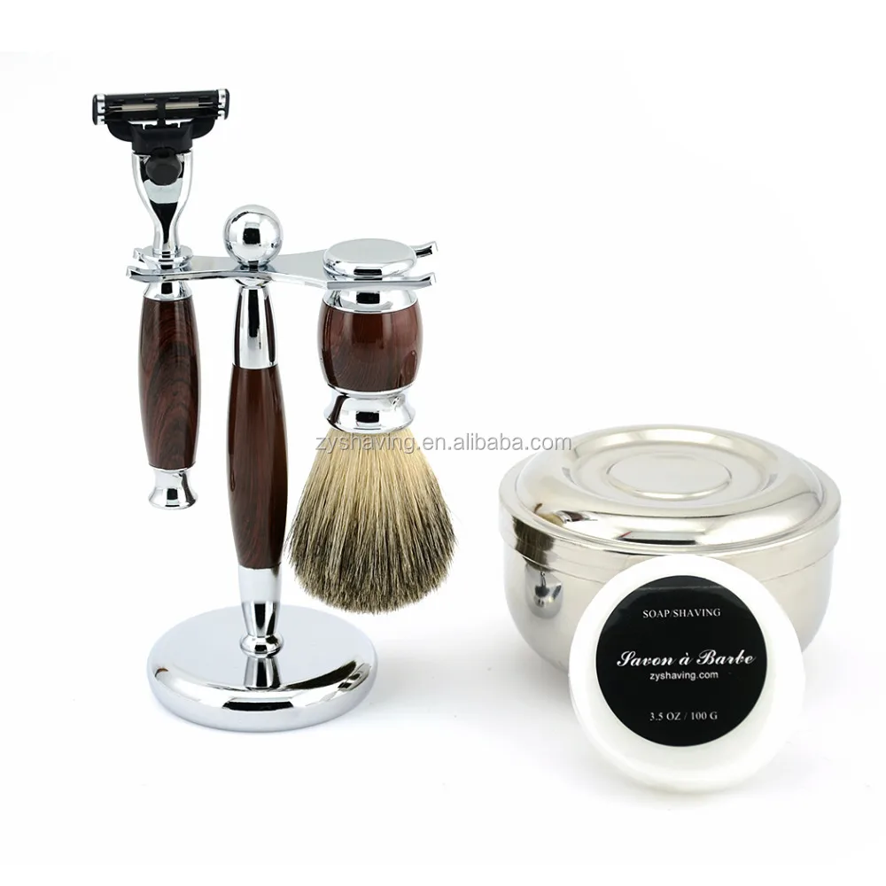 ZYshaving Hot Sale 5in1  HIgh Quality Badger Hair Mens Stand Badger Hair Brush Safety Razor Soap Bowl Barber Shaving Set