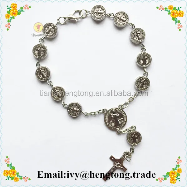metal alloy round beads religious bracelets cathlolic benedict rosary bracelet