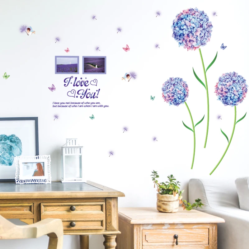 YIYAO Nature Series 3D Purple Dandelion Flower Removable Vinyl DIY Wall Sticker