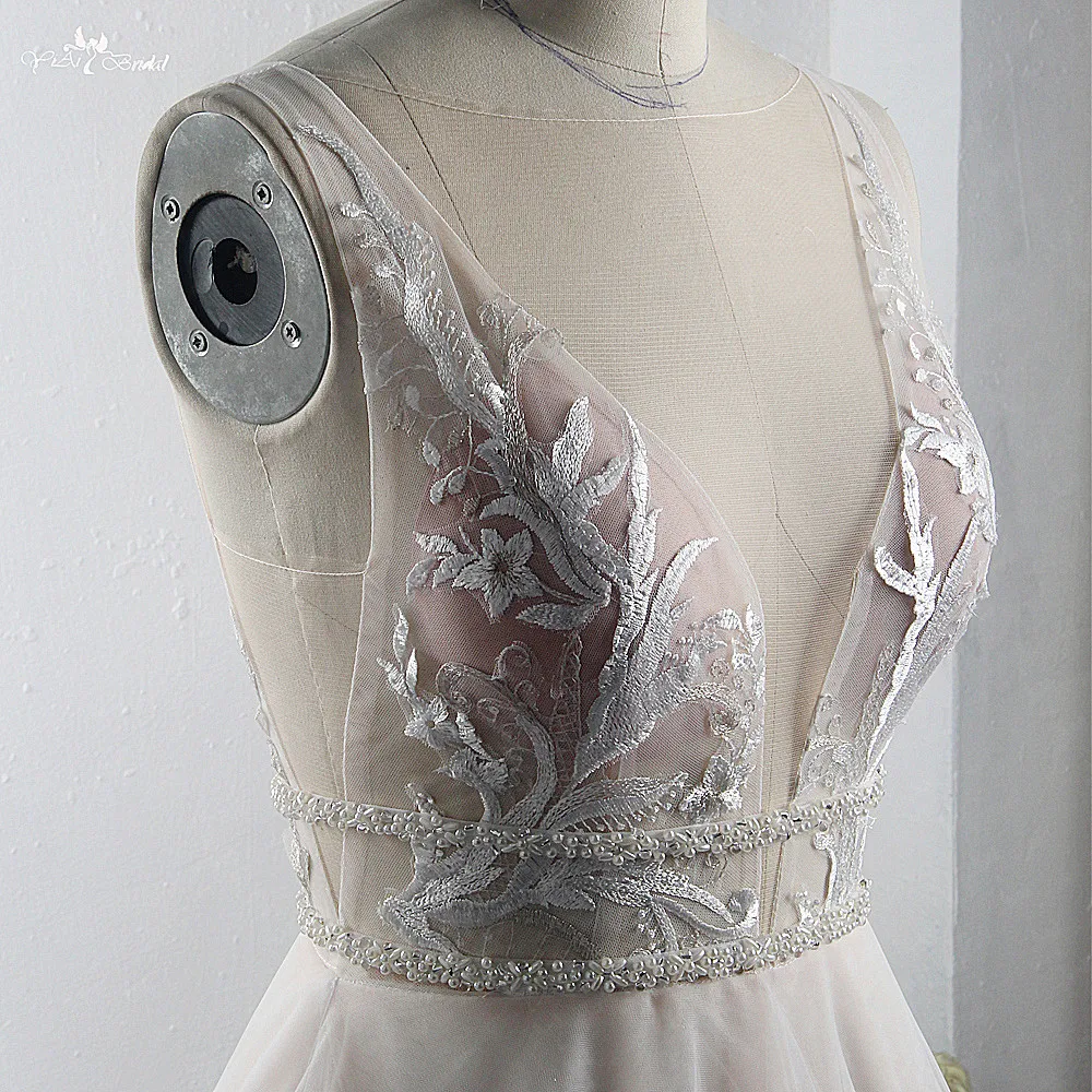 RSW1493 High quality Vestido De Noiva Sleeveless Deep V-neck Blush Pink Boho Lace Beach Wedding Dress Bridal Dress