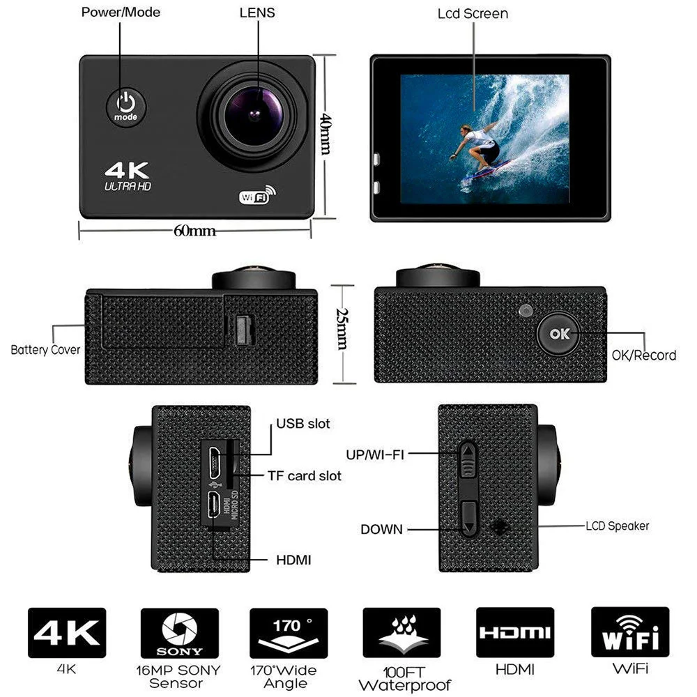 4K Camera Wifi 1080P 60fps Video Ultra HD Sport DV F60 Mater Outdoor Sport Waterproof Camera