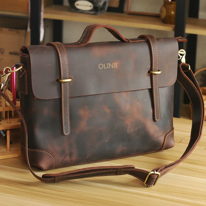 Custom Logo Leather Office Business Computer Laptop Briefcase Bag For Men