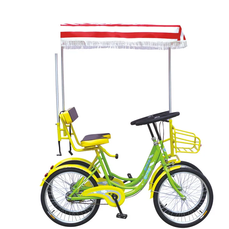 Blue and yellow color OFO bike on road/2 person cycling for fun/rental park bicycle