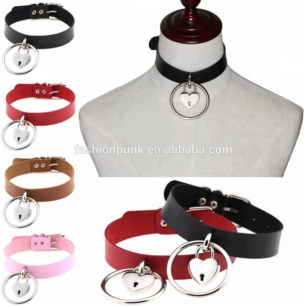 Sexy Fashion Harajuku Handmade Leather Choker belt Rock Punk Goth Collar belt O-Round Heart Lock Stud Necklace