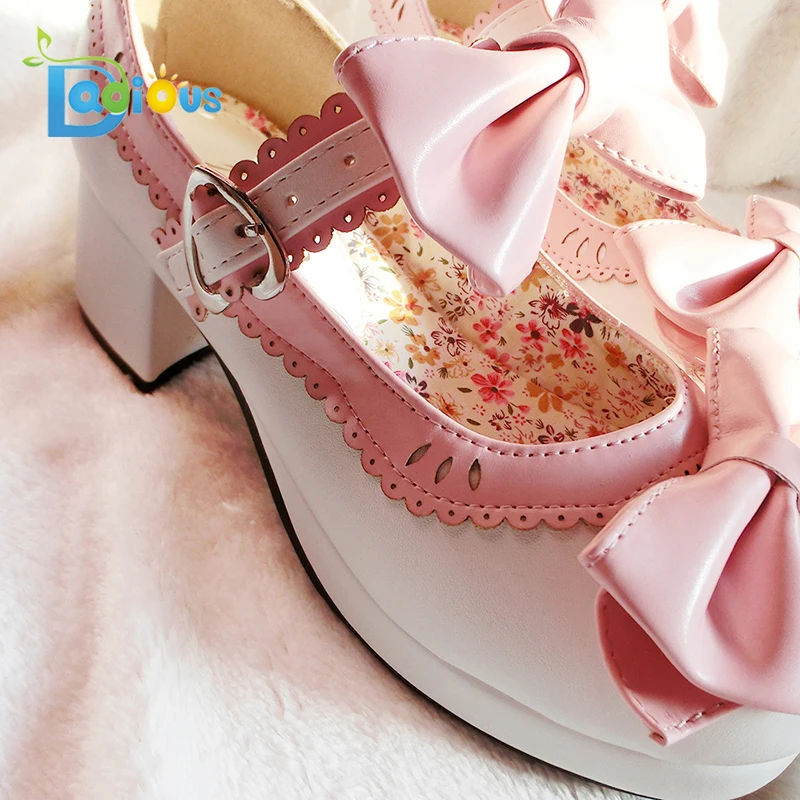 DDLG Little Girls Womens Bows Bells Buckle Lolita Shoes Cosplay Chunky Mid Heels For Ladies