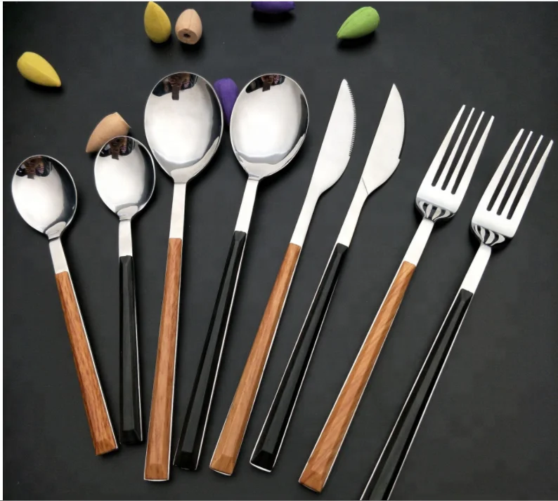 High Quality wood grain stainless steel tableware western flatware cutlery set