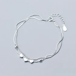 New Style 925 Silver Hand Catenary for Women Simple Fashion Chic Heart Beads Double Layer Bracelets Jewelry