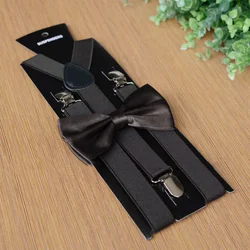 Men adult suspenders  bow tie set coffee suspenders  2.5 cm width 120 cm length 3clips sliver metal pu solid pattern low price