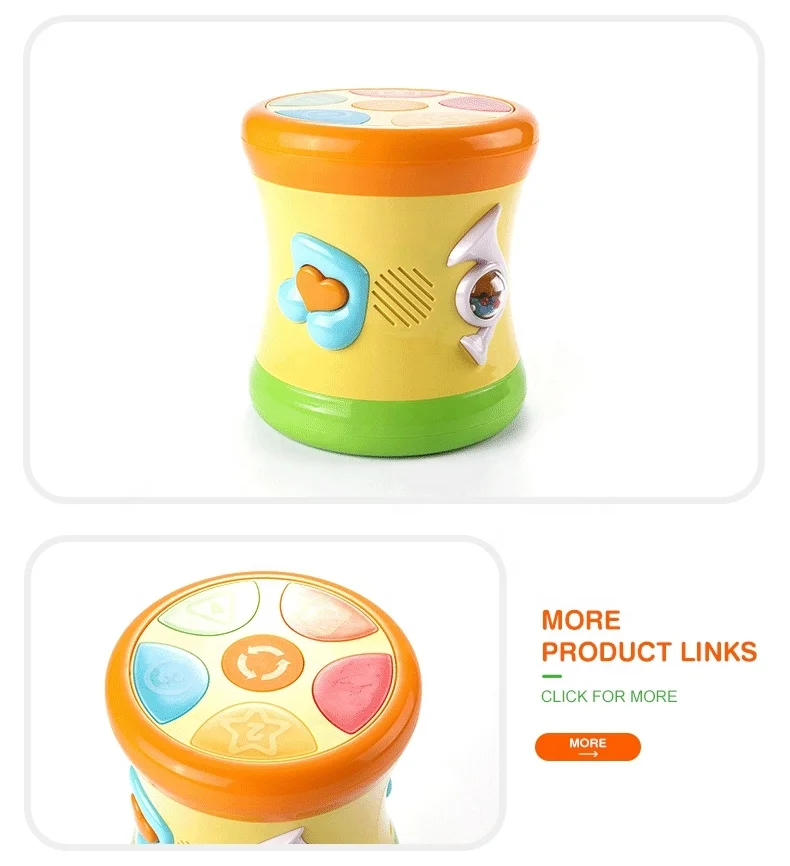 Двухсторонний динамический желтый барабан, музыкальный инструмент для детских игрушек