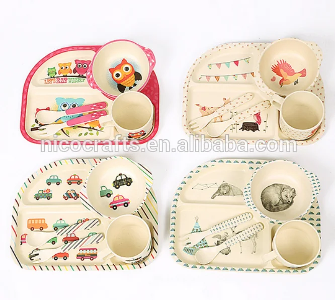 Wholesale 5 piece eco -friendly bamboo fiber kids dinnerware baby bamboo fiber dinnerware children dinnerware sets