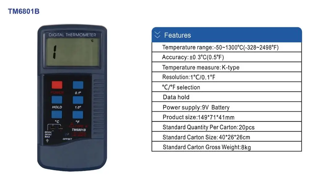 Digital Thermometer with K-TYPE Easy to Carry Portable Thermometer TM6801B