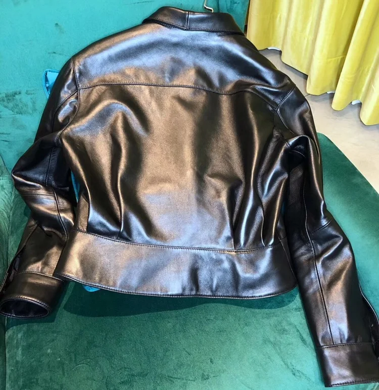 Korean Style Girls Real Lambskin Leather Shirt Spring Unique High Street Design Leather Blouse Ladies Leather Short Jacket