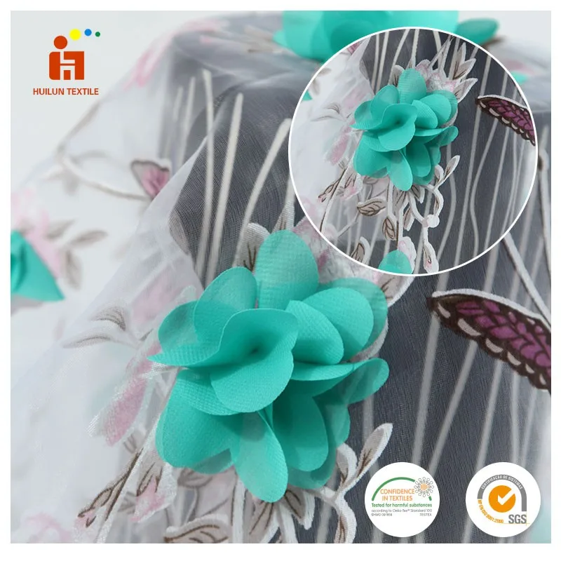Factory direct sale Huilun textile 100% polyester 3d flower hand embroidery lace georgette digital printed fabric