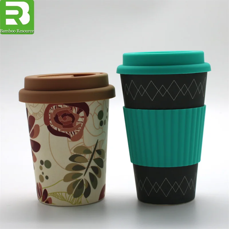 
12oz biodegradable custom printed reusable melamine Bamboo Fiber Coffee Cup with lids 
