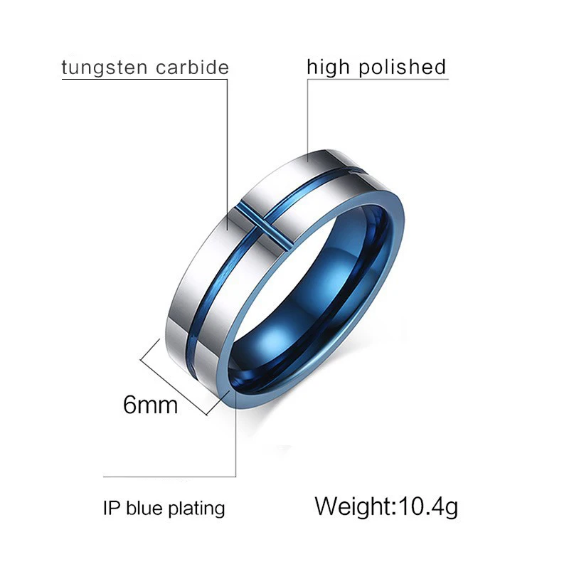 
latest design mens rings 6mm tungsten steel blue groove cross ring fashion jewelry best gift for man father boyfriend 