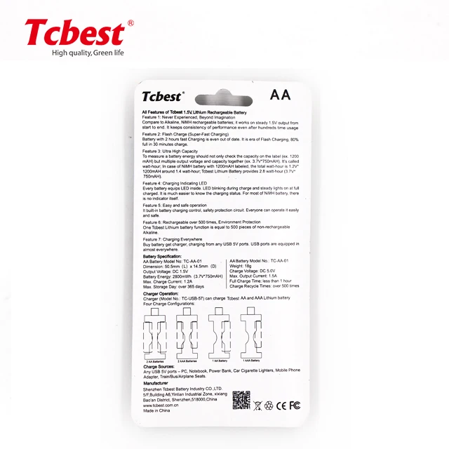 Лучший выбор USB перезаряжаемая батарея литиевая AA/AAA 1,5 В батарея с той же функцией для щелочи 1,5 в