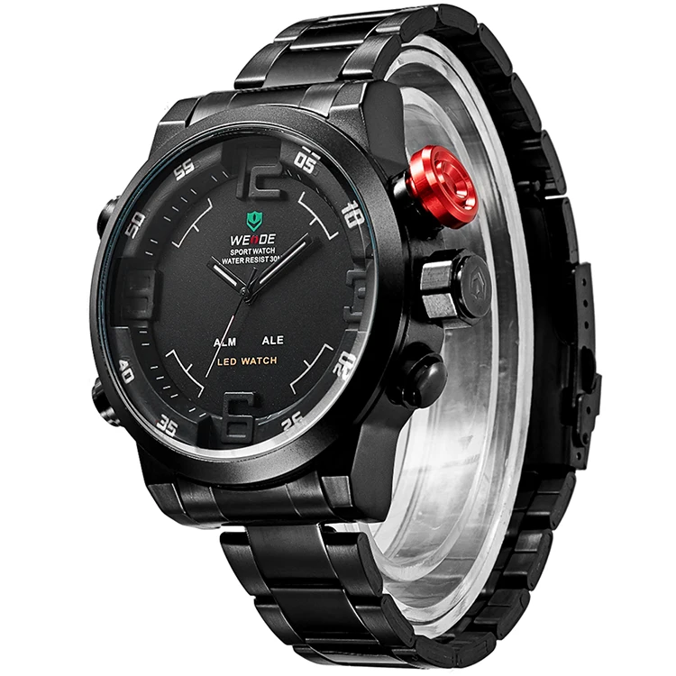 WEIDE WH2309 LED Digital Men Sports Quartz Watches Fashion Wristwatch 3 ATM Water Resistant Stainless Steel Watch
