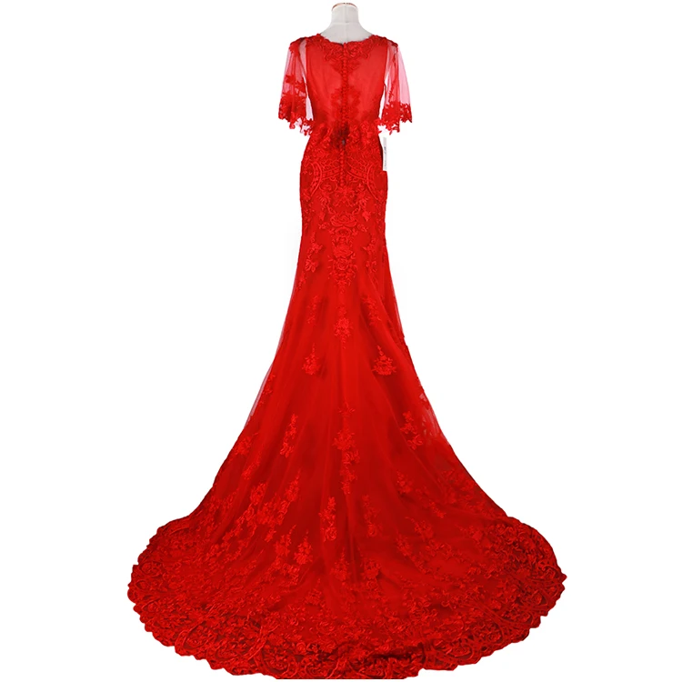 
2019 Short sleeve Palace wedding dress Elegant temperament Cotta Tail lace Bridesmaid Dresses red v-neck Bride robe evening wear 