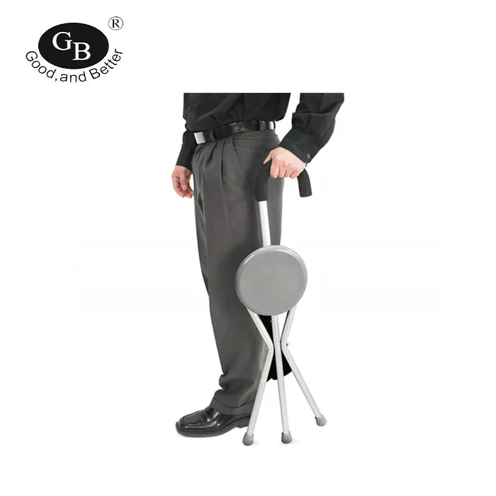 Three-legged Aluminum Folding Stool Chair Cane Walking Stick with Seat
