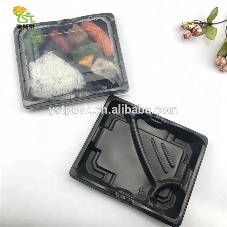 Disposable black plastic pp takeaway square 3-compartment bento lunch box food containers