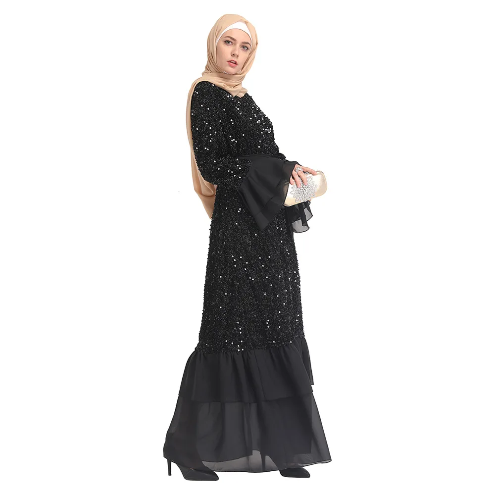 New Arrivals Eid Ramadan Dubai Muslim Women Elegant Long Sleeve Islamic Maxi Dress With sequins Abaya