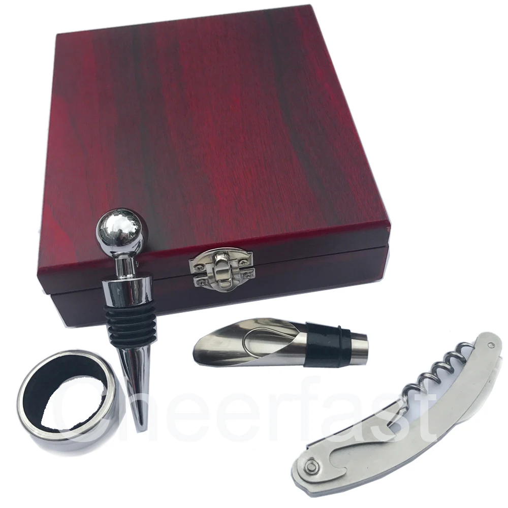 Лидер продаж, Металлический Штопор для винных бутылок из нержавеющей стали, набор инструментов для бара, деревянная коробка, 4 шт. аксессуаров, подарочный набор для вина