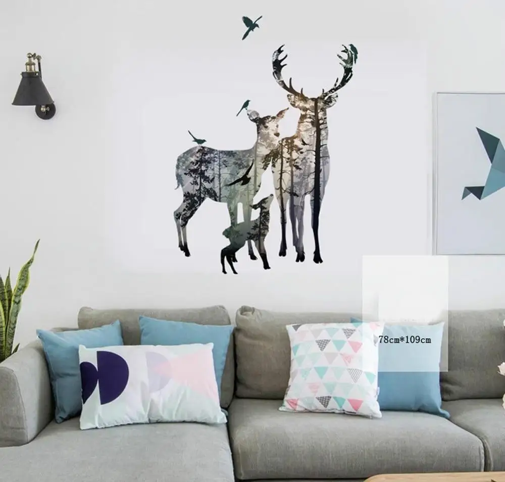 Forest Silhouette Deer Wall Decal Animal Birds Elk Vinyl Stickers for Bedroom Kids DecorHome Art Mural TV Background Decorations