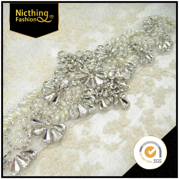 China Wholesale crystal embellishments rhinestone applique bridal sash belt beaded appliques for wedding dress NRA185