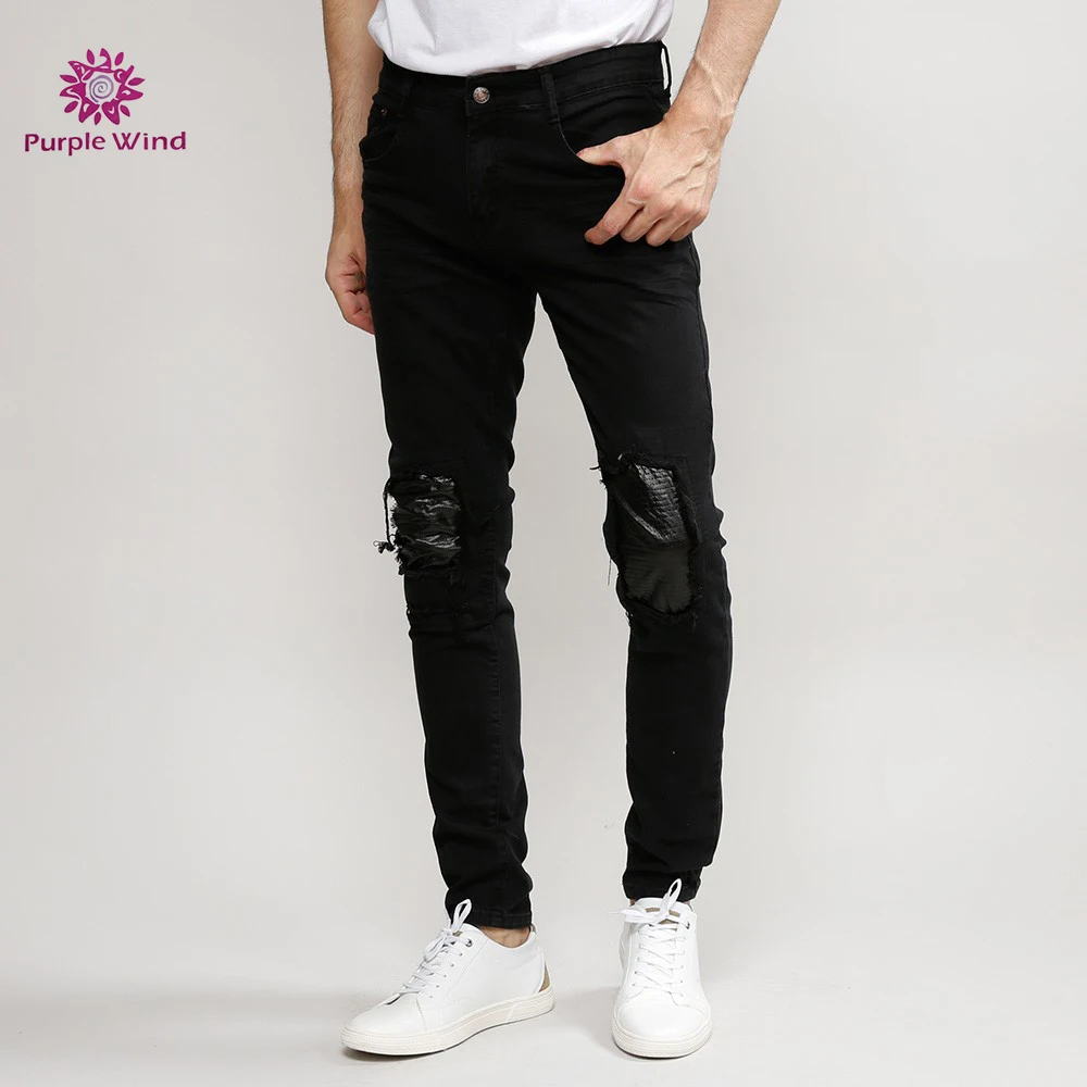 Fancy chinese factory patches black skinny denim men jeans