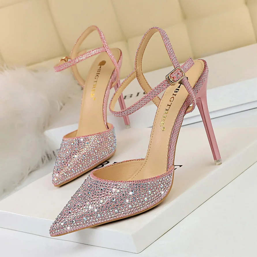 
2019 new factory wholesale price customized small MOQ Crystal PU Upper 10cm women heels ankle strap heels pencil heels 