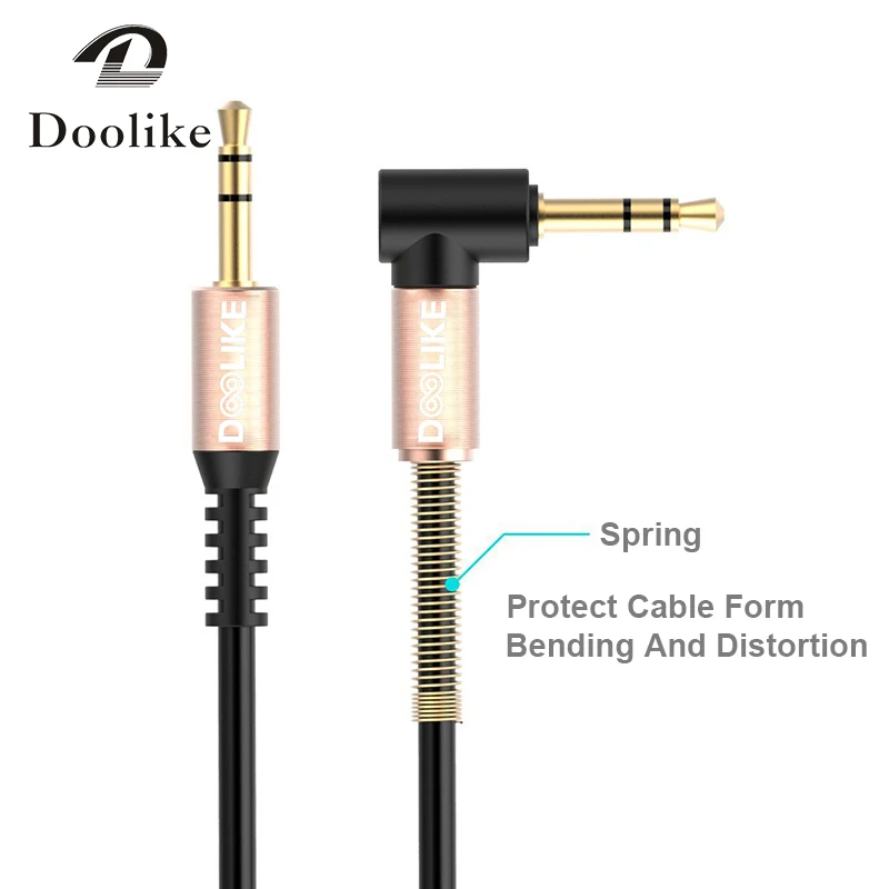 Doolike audio cable cord flat 90 Degree Right Angle Steel Spring 3.5mm aux cable for Headphone mobile phone