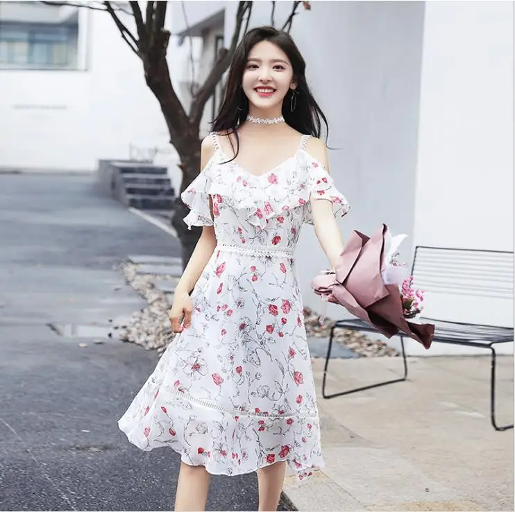 Женское шифоновое платье с коротким рукавом и принтом, в Корейском стиле