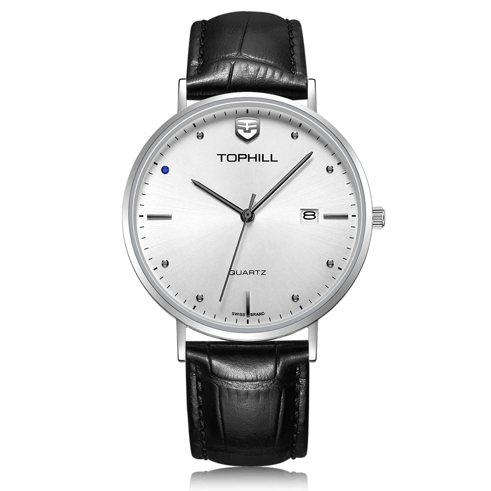 Minimalist Stainless Steel Case Back Genuine Leather Band Slim Stone Quartz Wrist Watch Japan