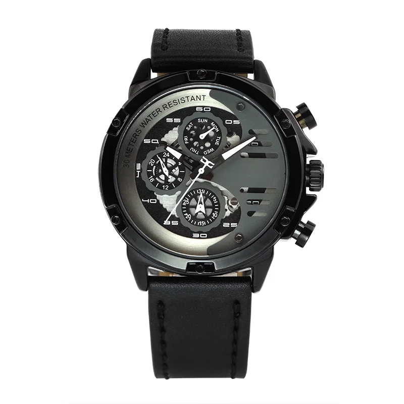 Custom boy fashion chronograph multifunction sport stereo digital hand water proof leather watch for men