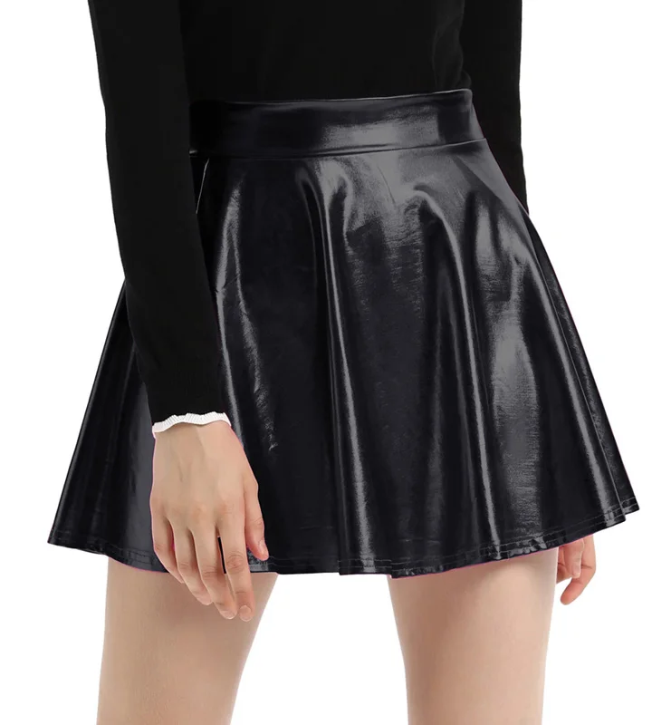KK001128 Women Retro Style Imitated Leather Shiny Metallic Skater Skirt