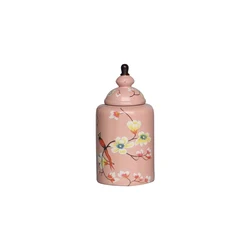 pink ceramic jar with flower and bird painted for hotel or home decoration porcelain holiday gift wholesale