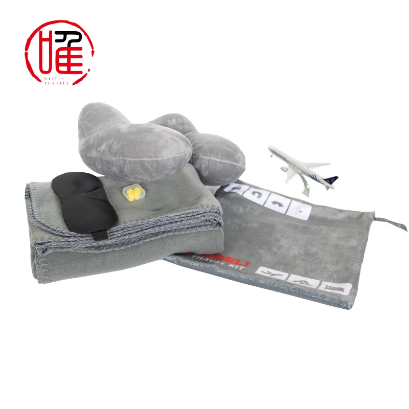 Custom Logo Travel Kits Including Eye Mask/Inflatable Pillow/Earplug/Blanket 4 in 1 Airline Travel Pillow Blanket Set